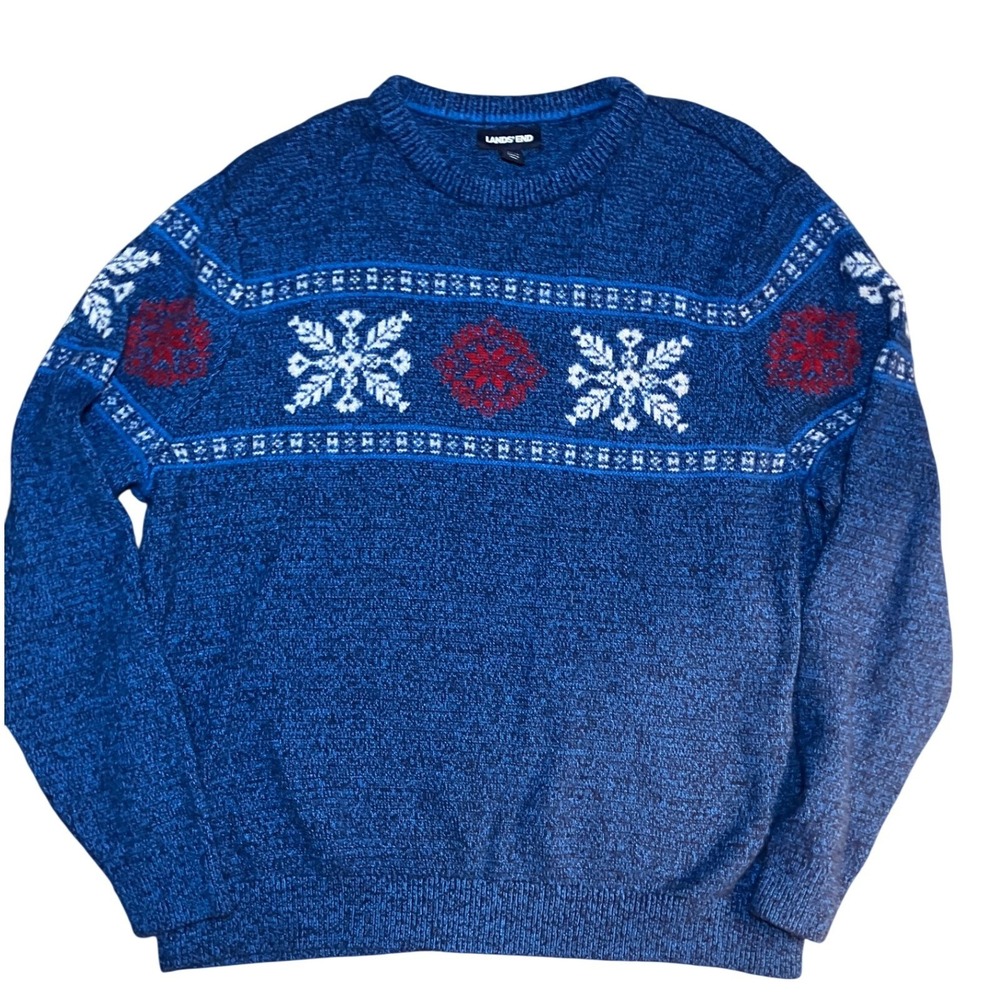 Lands End Blue Snowflake Fair‎ Isle Crew Neck Sweater XL Wool Blend Grandpa Ski